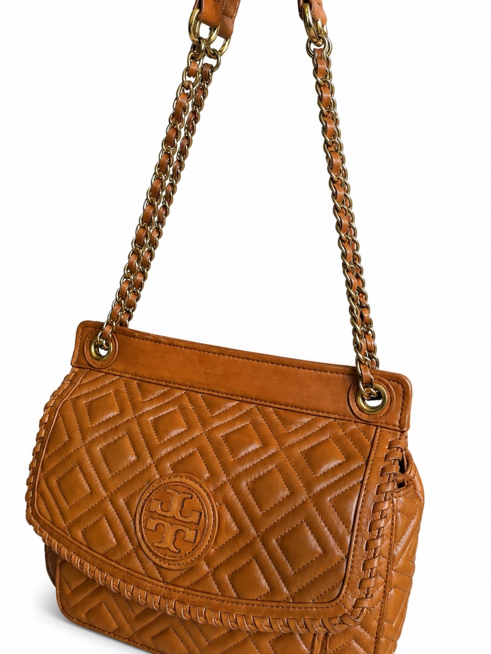 Tory Burch Fleming Brown Leather Quilted Shoulder Bag Chain Strap Whipstitch - Picture 3 of 15